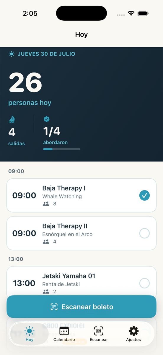 La app del operador mostrando las salidas del día y quién ya abordó