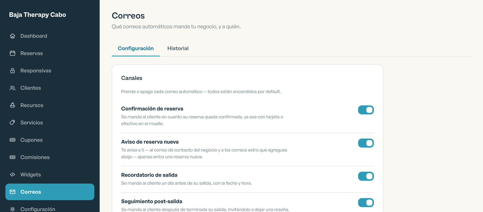Pantalla de correos automáticos con cada aviso que manda el sistema